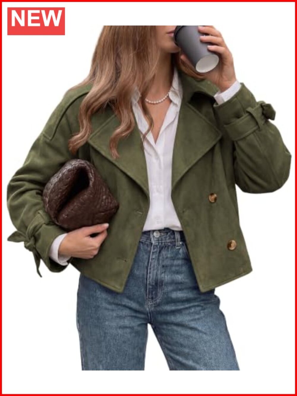 Faux Suede Double Breasted Cropped Trench Jacket Women Casual Coat